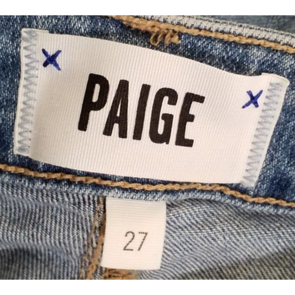 Paige Colette Crop Flare Jeans Sz 27 Blue Distressed Raw Hem Stretch Denim - Picture 5 of 7